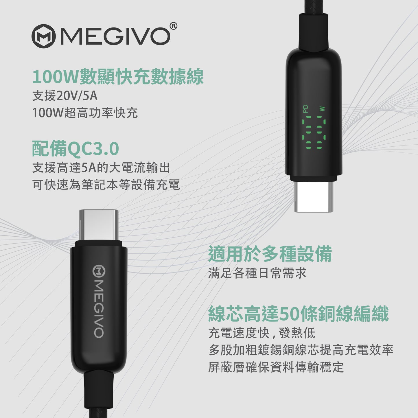 UltraJuice 100W Type C High Speed Numeric Display Charging Cable