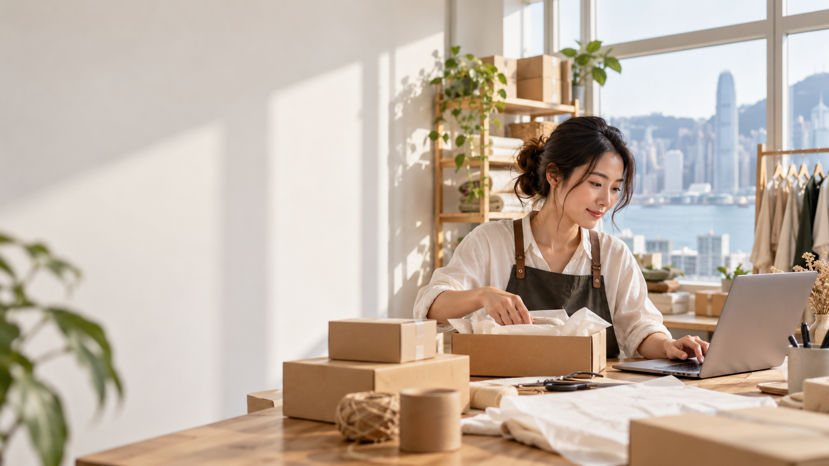女性網店經營者使用手提電腦整理訂單及包裹。